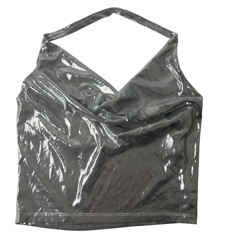 Y2K Silver Metallic Halter Cowl Neck Top Liquid Shine Going Out Party - Picture 9 of 14